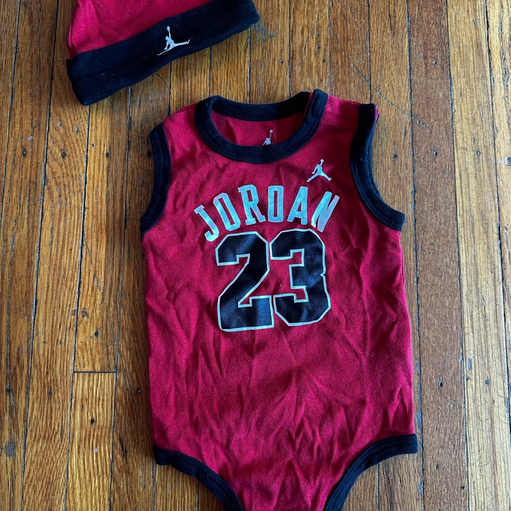 Jordan Red Baby Onesie and Hat Set